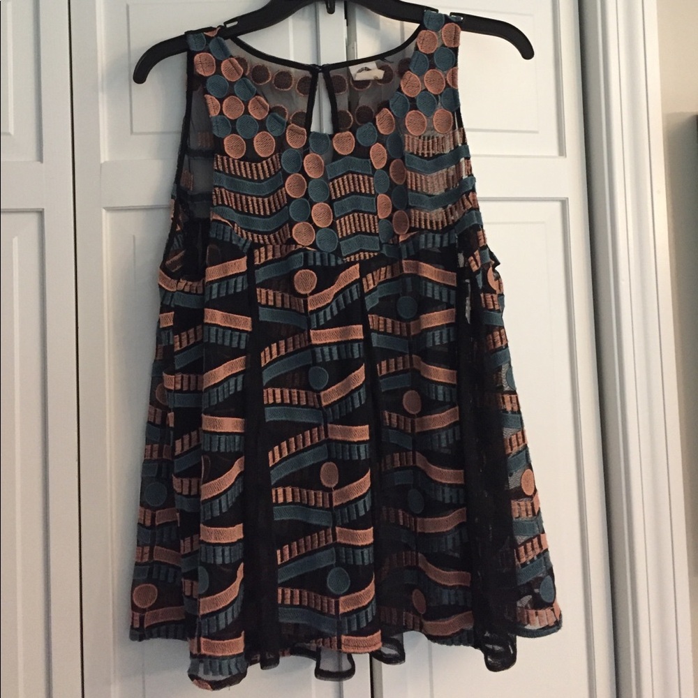 Anthropologie Black Teal and Rust Geometric Embroidered Sleeveless Blouse